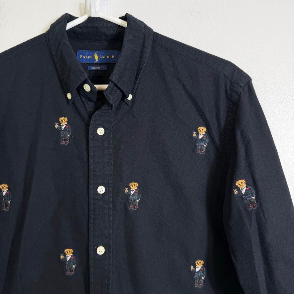 Ralph Lauren Button Down Mens Medium Black Embroidered Martini Tuxedo Polo Bear